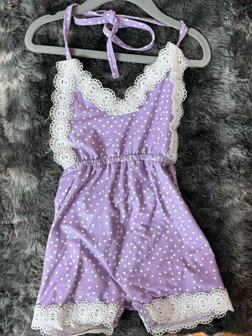 Lilac Polka Dot Lace-Trim Halter Baby Romper - Kids One-Piece Bodysuit